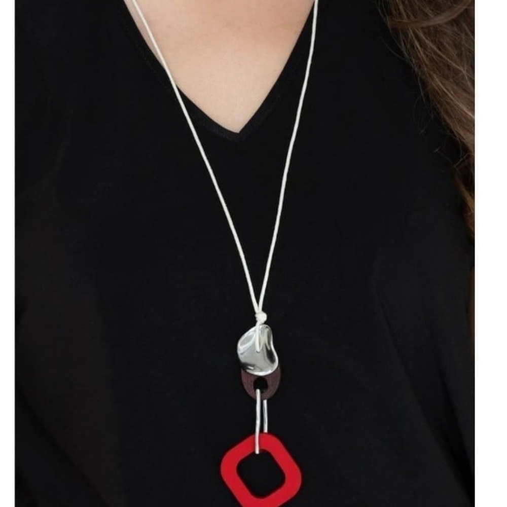 Paparazzi Red and Silver Modern Necklace Set Top Of The WOOD Chain Red Wooden - Picture 2 of 8